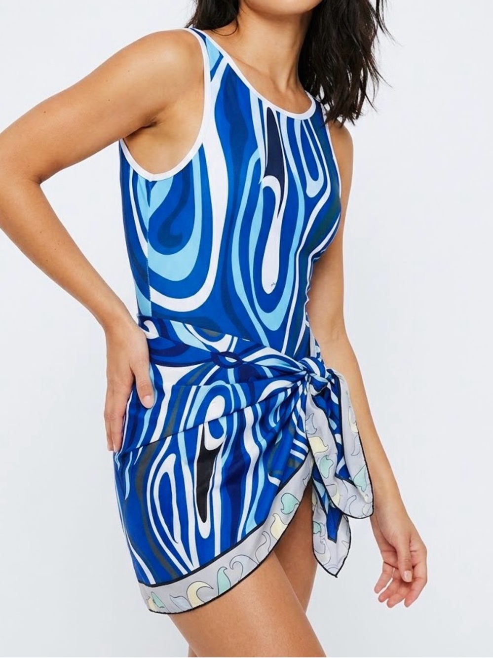 EMILIO PUCCI Set Blue & White Abstract One-Piece Swimsuit w Sarong Coverup Skirt